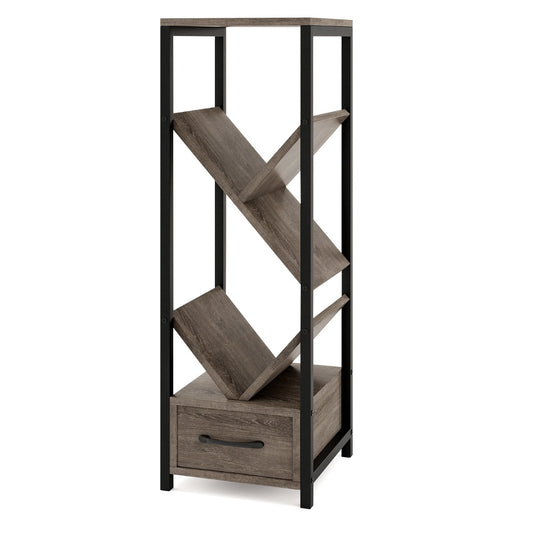 4 Tier Tree Bookshelf with Drawer and Metal Frame for Living Room Bedroom-Grey