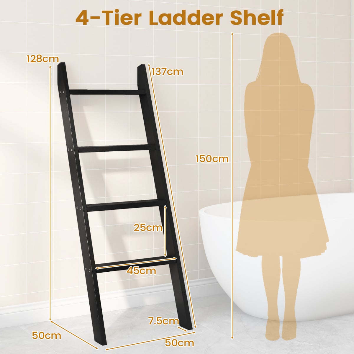 4-Tier Wooden Blanket Ladder 137 cm Wall Leaning Quilt Holder for Storage and Display-Black