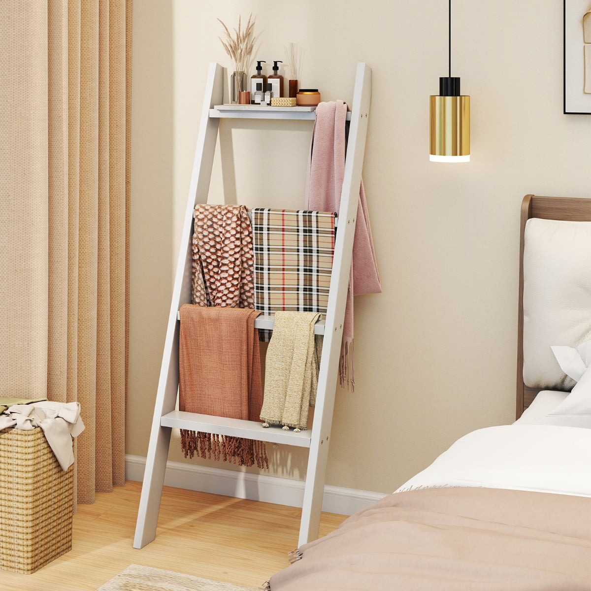 4-Tier Wooden Blanket Ladder 137 cm Wall Leaning Quilt Holder for Storage and Display-White