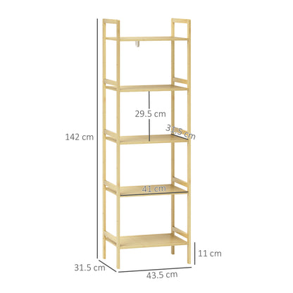 HOMCOM 5-Tier Bamboo Bathroom Storage Shelf, Freestanding Shelving Unit with Adjustable Rack for Kitchen Bathroom Living Room, Natural Wood Finish