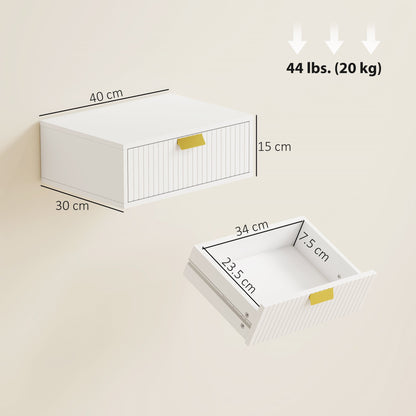 طقم طاولات سرير عائمة حديثة من HOMCOM قطعتان، طاولات سرير معلقة على الحائط بدرج مموج أبيض