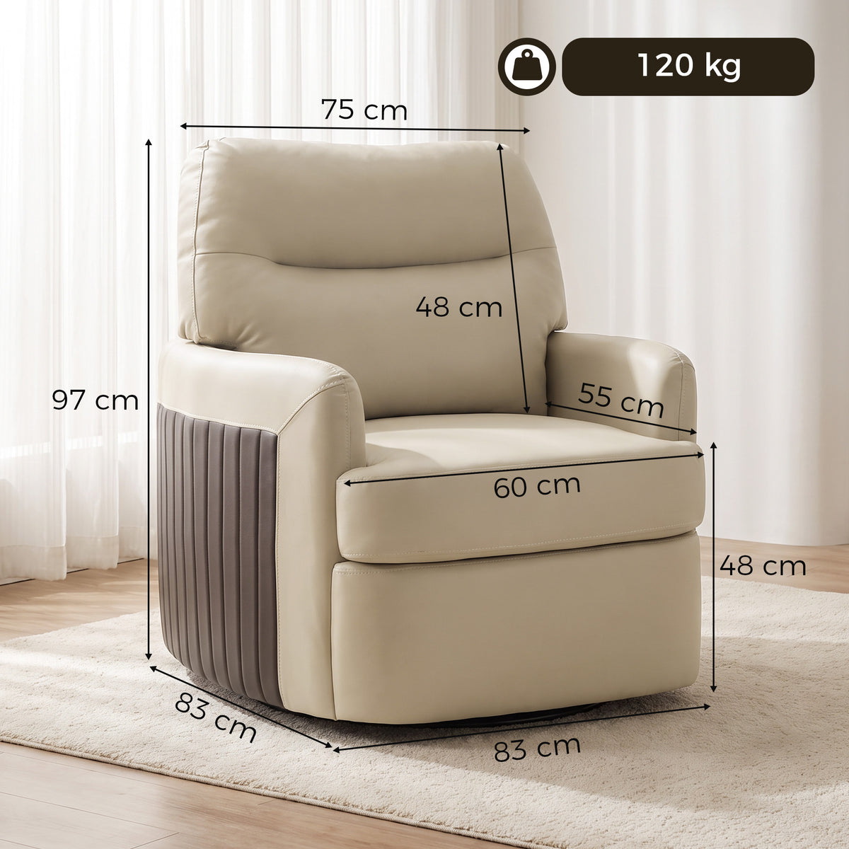 HOMCOM 360° Swivel Accent Chair, Modern Armchair with Thick Cushion, PU Leather Upholstered, Cream White