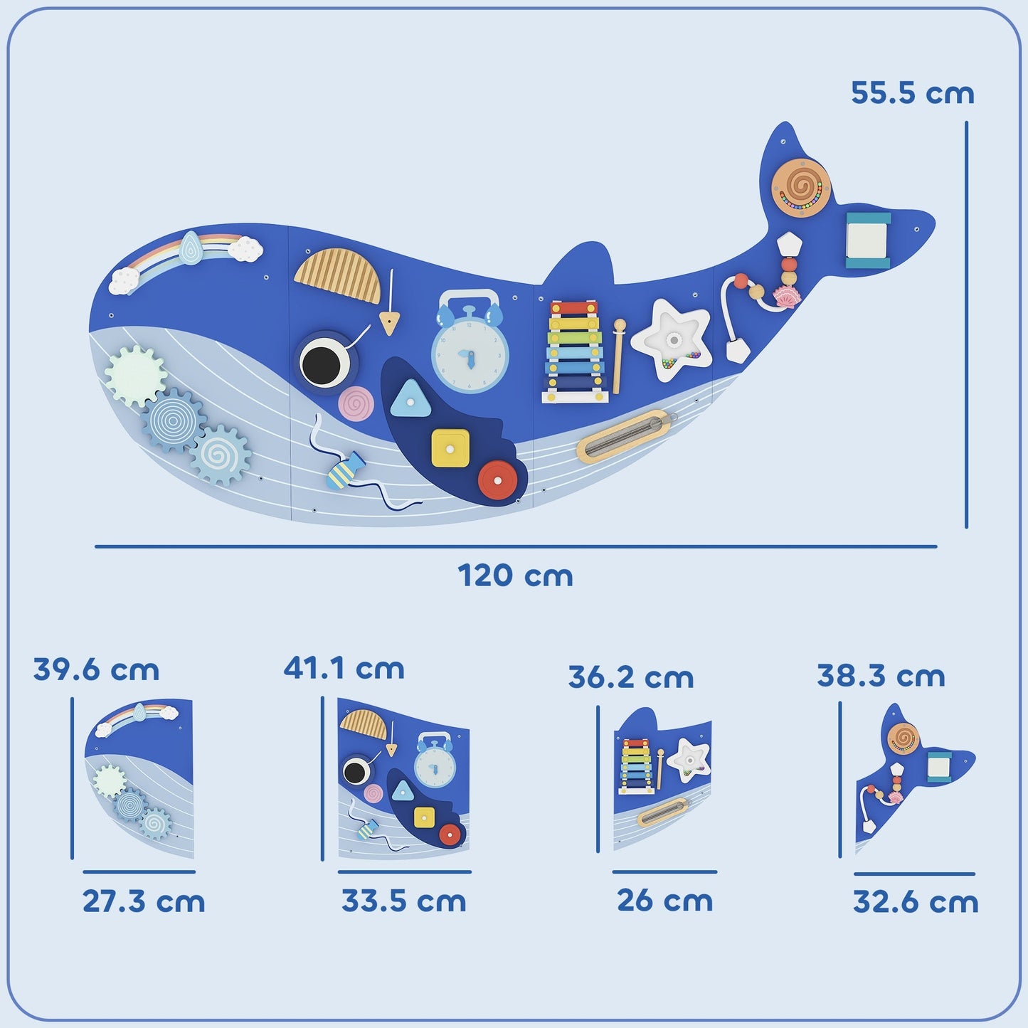 AIYAPLAY Whale Activity Wall Busy Board, 13 in 1 Montessori Inspired Sensory Wall Panel for Playroom Nursery Boys Girls 2+, Blue