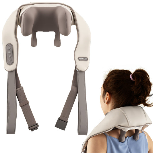 4D Deep Tissue Kneading Shiatsu Neck Shoulder Massager in beige with control panel and straps