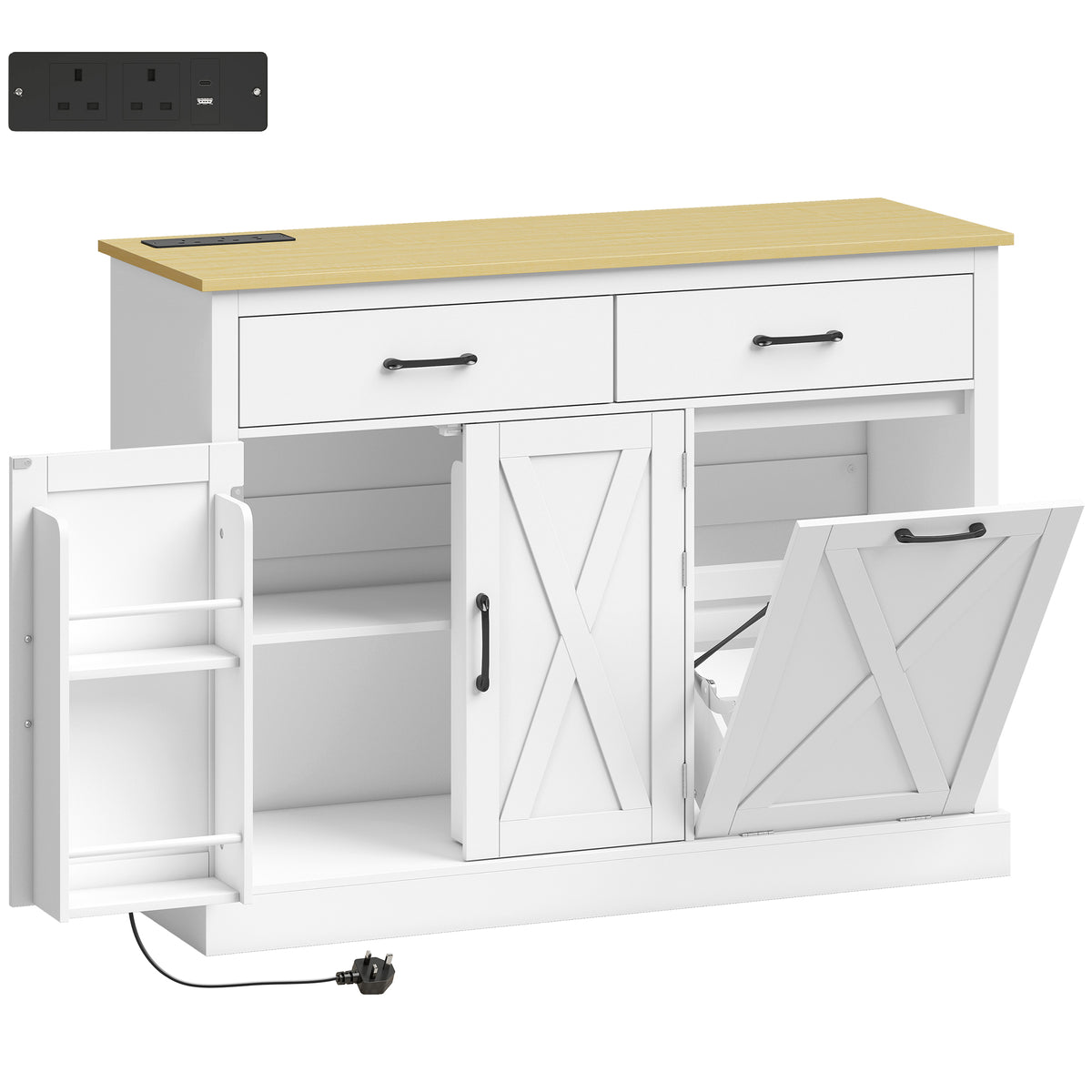 HOMCOM Tilt Out Trash Cabinet with Charging Station in White