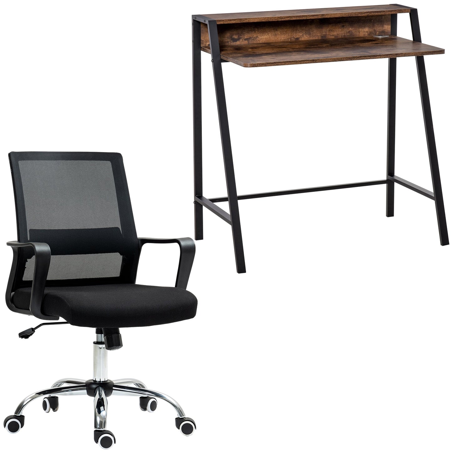 Vinsetto Home Office Chair and Computer Desk Set, Mesh Chair with Swivel Wheels, Study Desk with Storage Shelf, Rustic Brown and Black