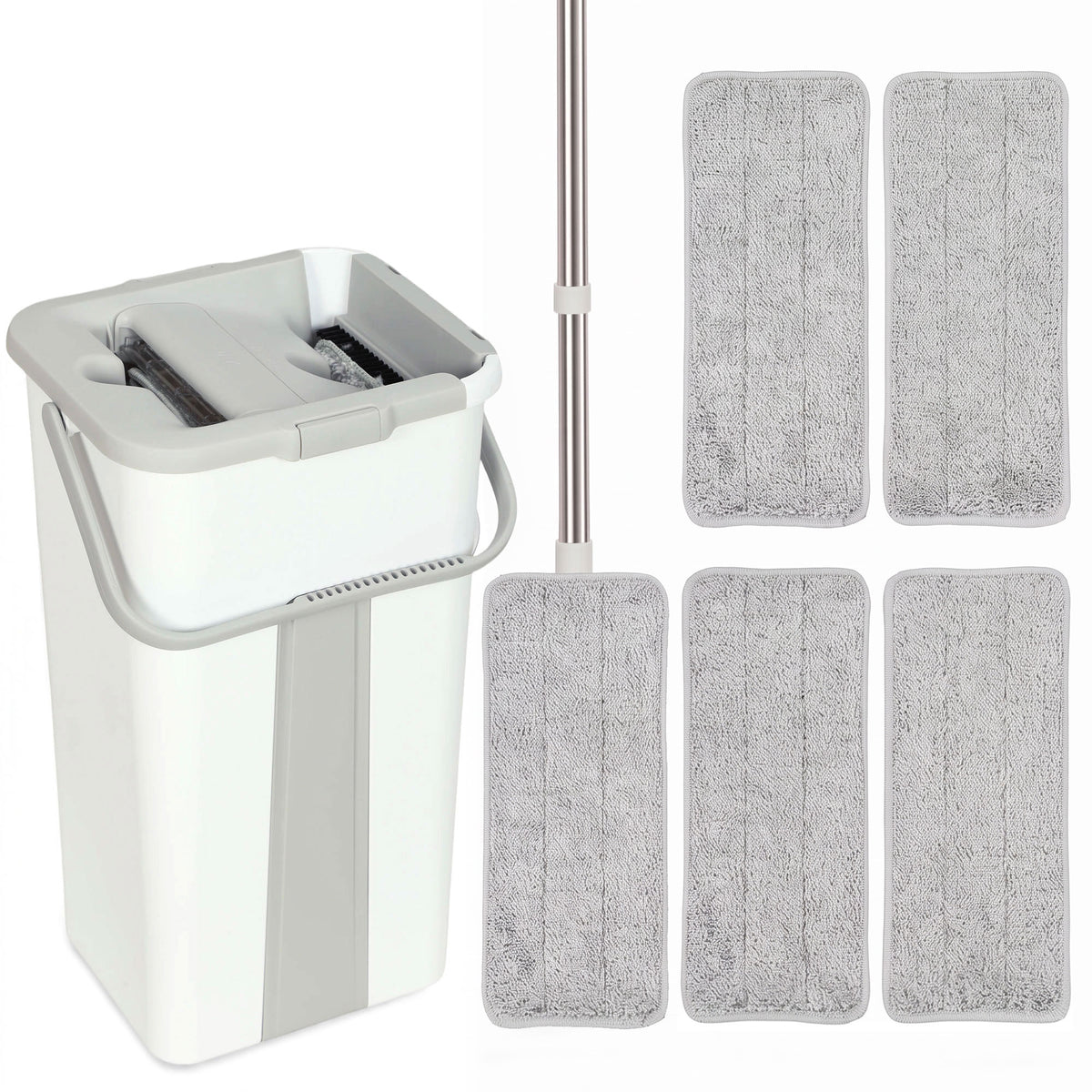 HOMCOM Mop and Bucket Set, Compact Flat Mop System with Wringer, 2-Chamber Design, 5 Reusable Pads, 127cm Handle, White