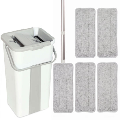 HOMCOM Mop and Bucket Set, Compact Flat Mop System with Wringer, 2-Chamber Design, 5 Reusable Pads, 127cm Handle, White