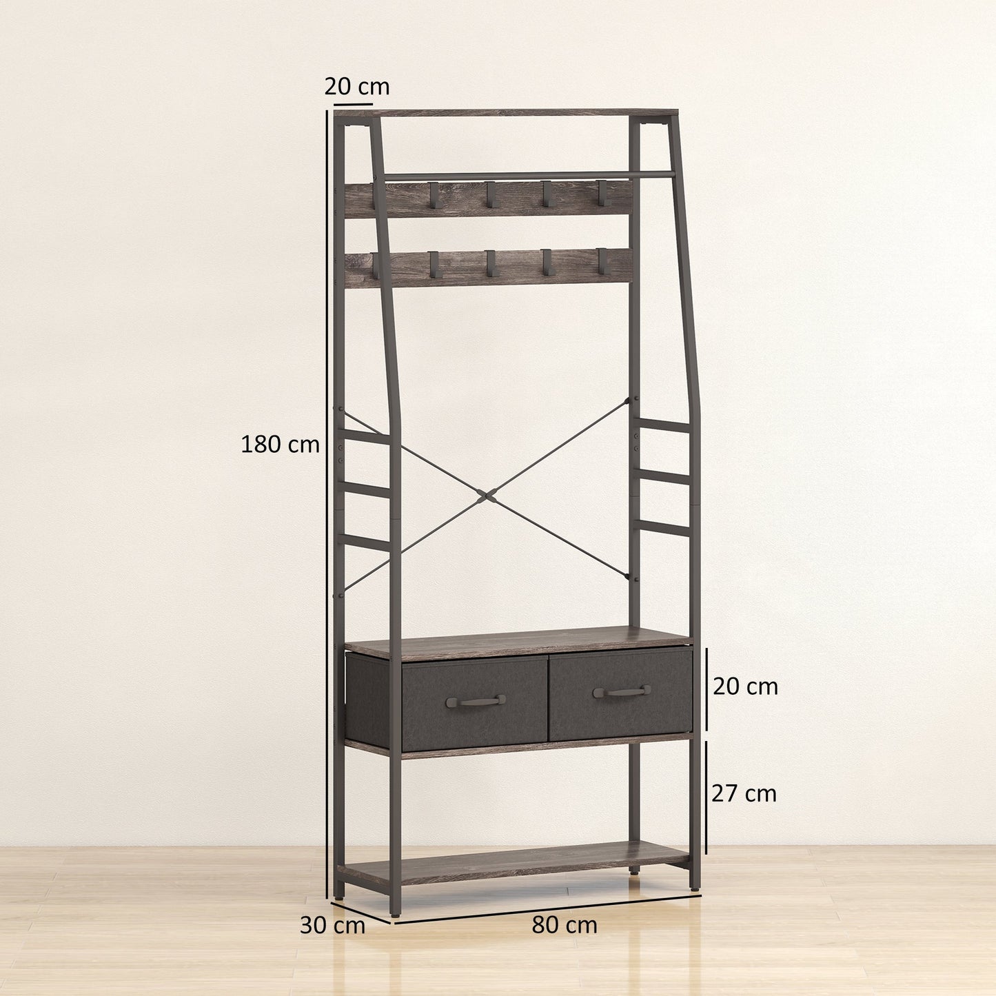 HOMCOM Coat Rack with Shoe Storage, Hall Tree, Industrial Coat Stand with Shoe Bench, 10 Removable Hooks, 2 Fabric Drawers and Clothes Rail for Entryway, Hallway, Grey
