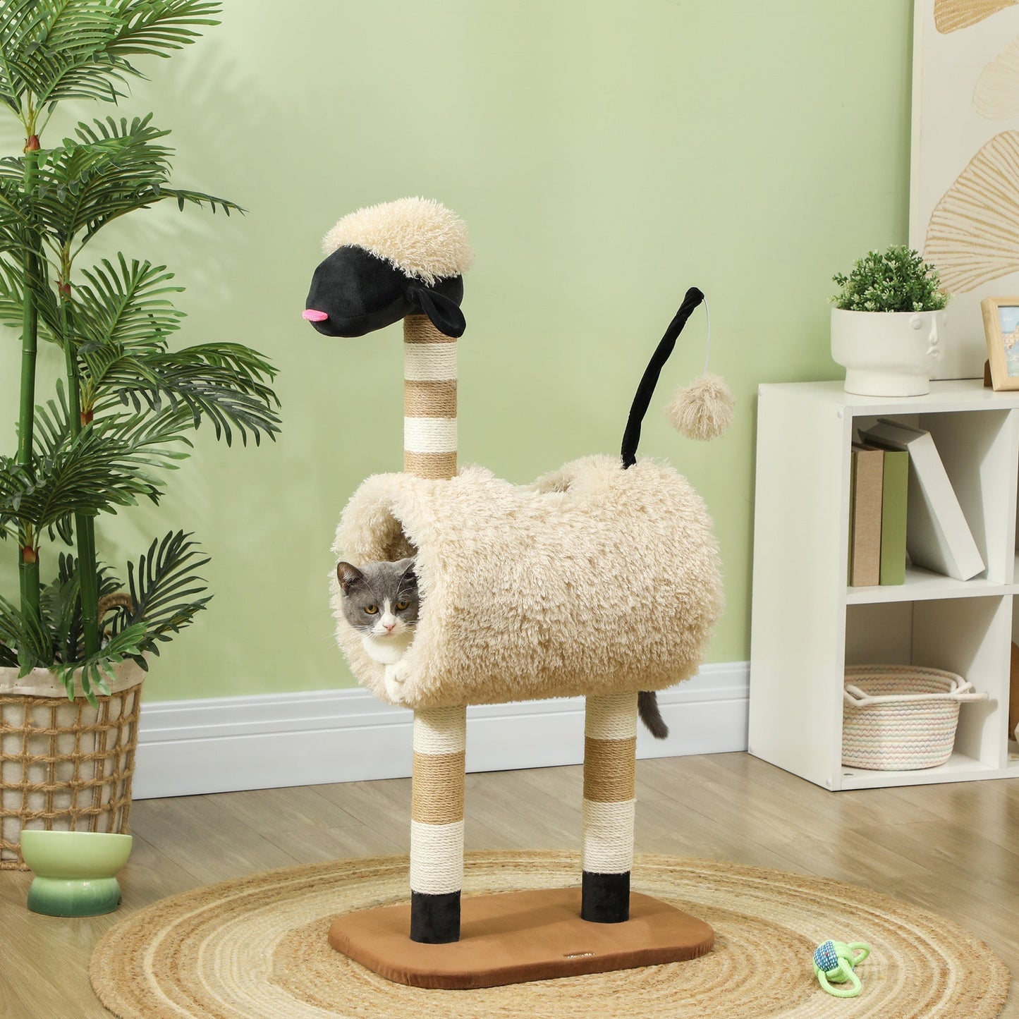 PawHut Cat Tree Sheep Design, 98 cm Multi-Level Cat Tower with Scratching Posts, Tunnel & Play Ball, Light Brown