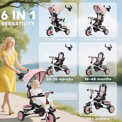 AIYAPLAY 6 in 1 Foldable Kids Trike with Adjustable Parent Handle & Canopy for Ages 1-5, Pink