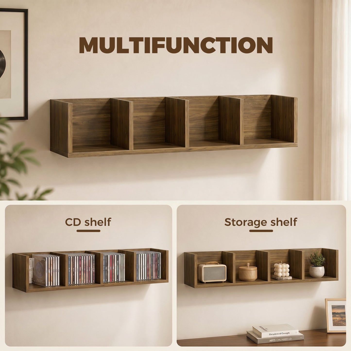 HOMCOM Wall Mount 84 CD / 56 DVD/Blu-ray/ Media Storage Rack 4 Cubes Wooden Shelf Organizer Unit Bookcase Display, Walnut