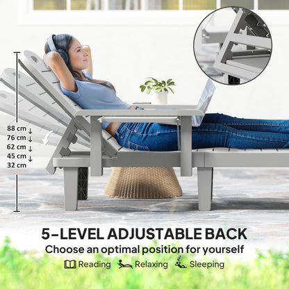 Outsunny Set of 2 Resin Reclining Sun Loungers for Garden, 5 Positions Adjustable Outdoor Chaise Lounge Chairs with Wood Texture Surface, Armrests, Foldable Side Table for Garden, Beach, Light Grey