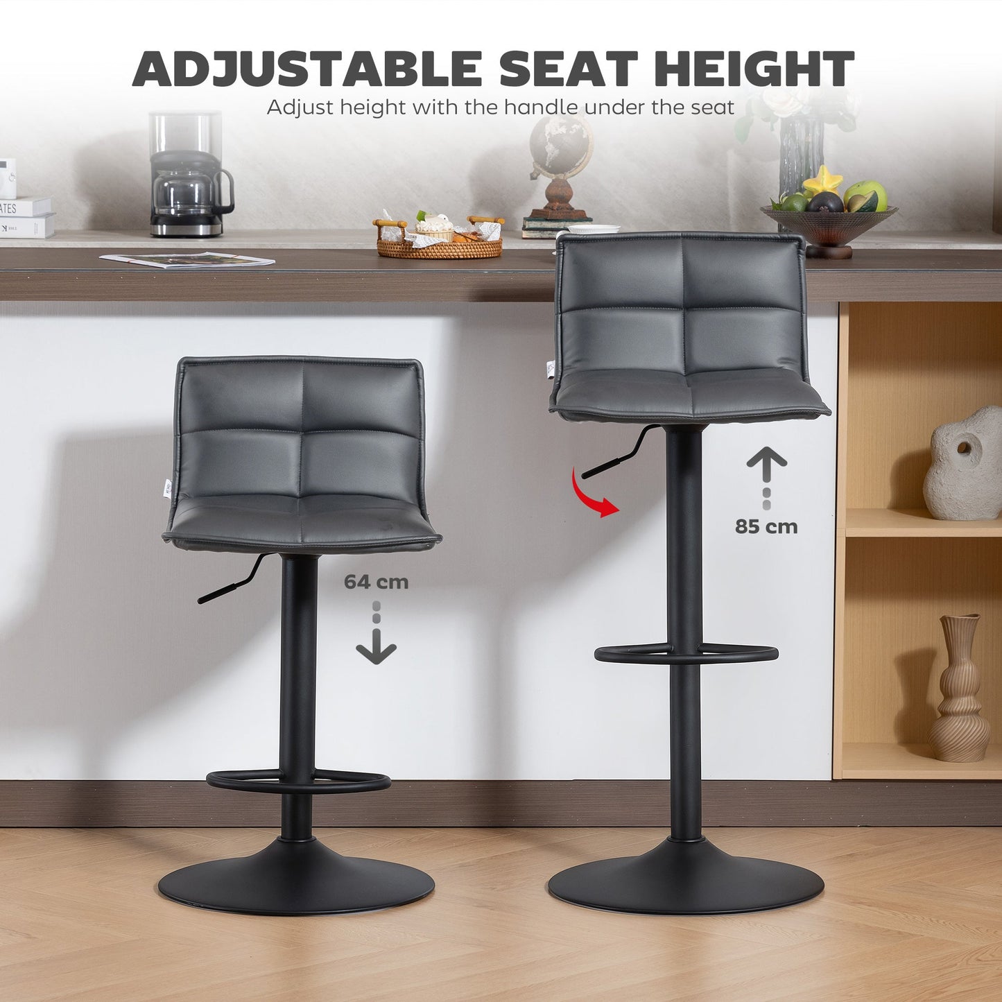 HOMCOM Set of Two Modern Faux Leather Bar Stools - Dark Grey