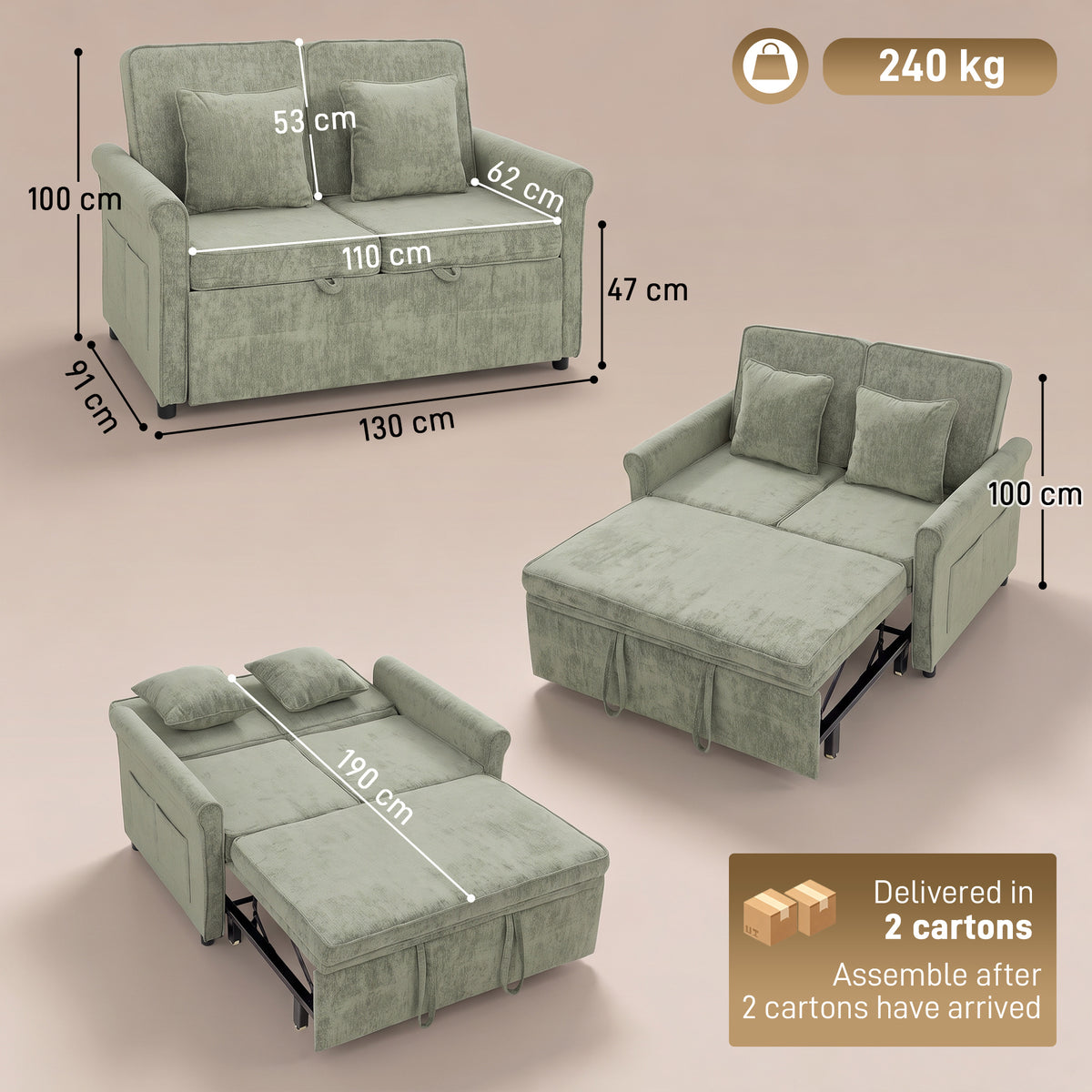 HOMCOM 2 Seater Sofa Bed in Light Green