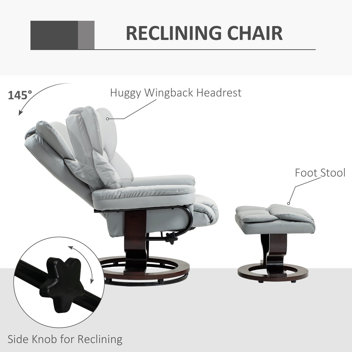 HOMCOM 360 degrees Swivel Recliner Chair with Footstool, PU Leather Manual Recliner Armchair with Footstool, Solid Wood Base, Upholstered Reclining Chair for Living Room, Bedroom, Office, Light Grey