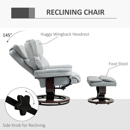 HOMCOM 360 degrees Swivel Recliner Chair with Footstool, PU Leather Manual Recliner Armchair with Footstool, Solid Wood Base, Upholstered Reclining Chair for Living Room, Bedroom, Office, Light Grey