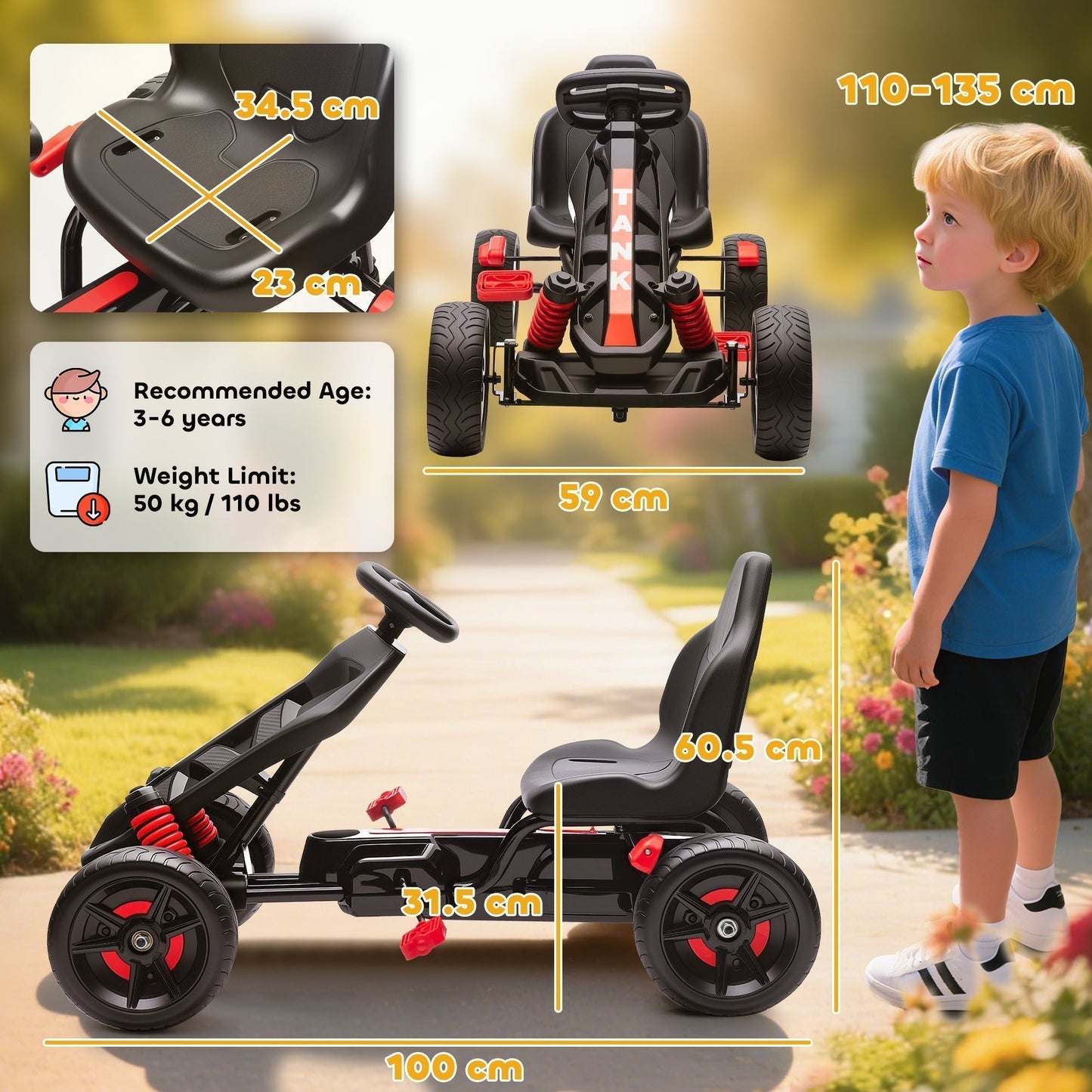 AIYAPLAY Pedal Go Kart for Kids Aged 3-6 Years, with Freewheel System, Brake, EVA Anti-Slip Wheels, Red