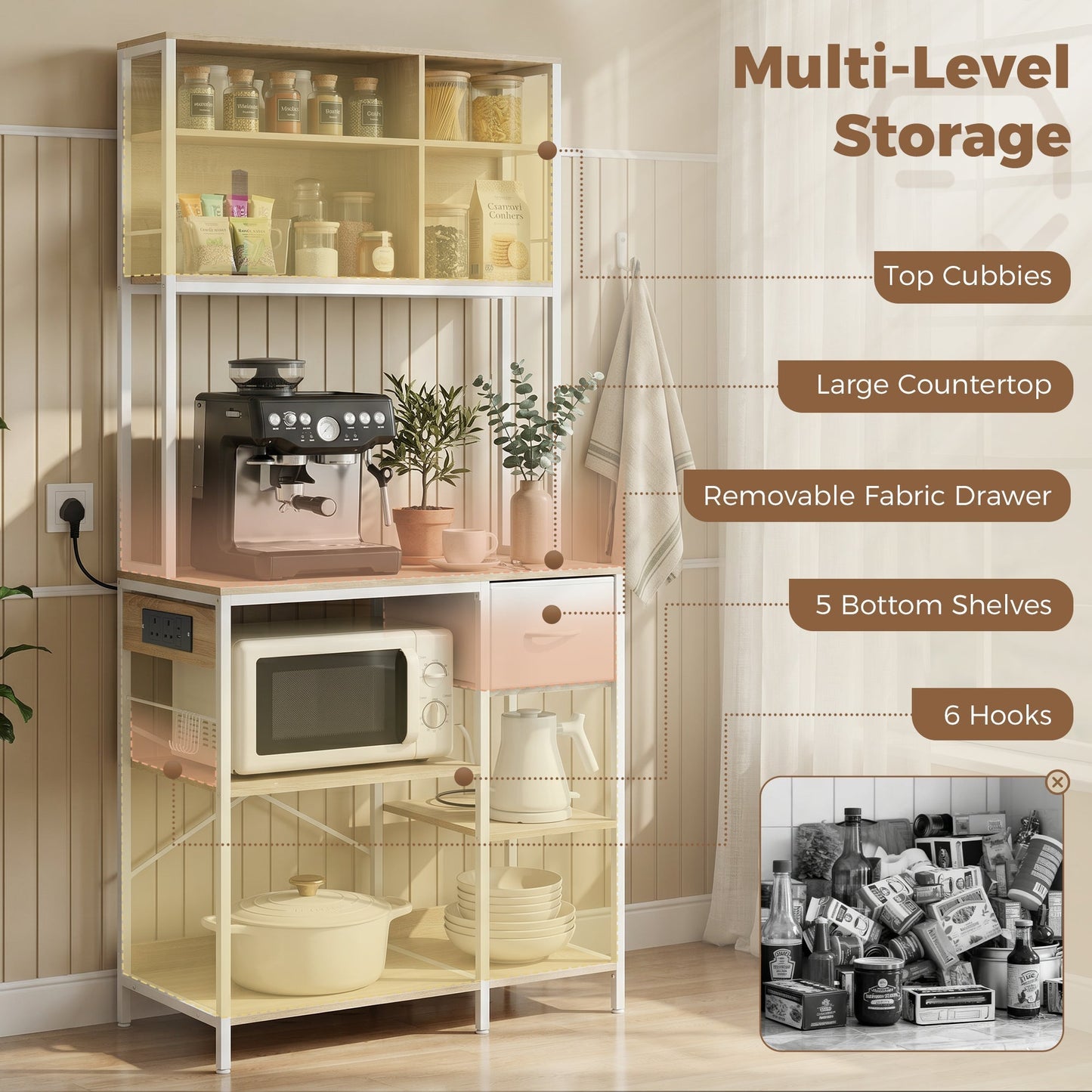 HOMCOM Kitchen Baker's Rack, Microwave Stand with Storage Shelves and 6 Hooks for Small Spaces