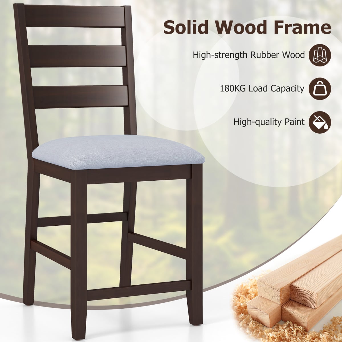 4-Piece Counter Height Bar Stool Set with Padded Seat and Rubber Wood Legs