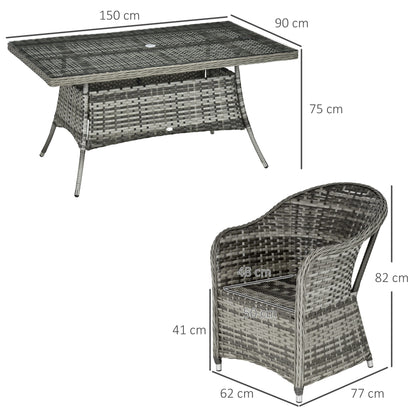Outsunny Seven-Piece Rattan Dining Set with Tempered Glass Table Top and Parasol Hole - Grey