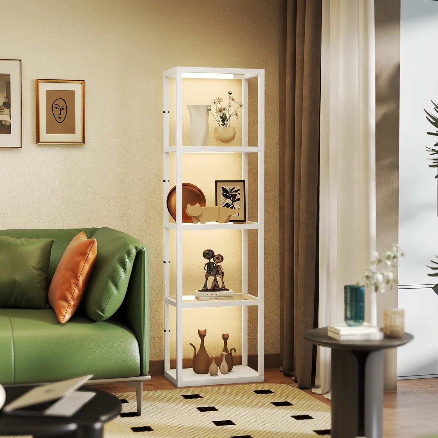 HOMCOM LED Floor Lamp with Glass Shelves, 4 Layers Dimmable Tall Standing Lamp, Modern Column Shelf Floor Light for Living Room, Bedroom, Office, White