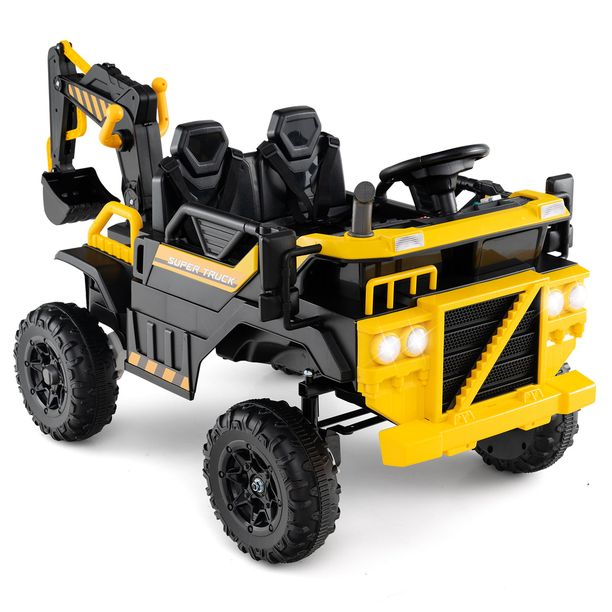 The construction vehicle with its front lights illuminated against a plain white background