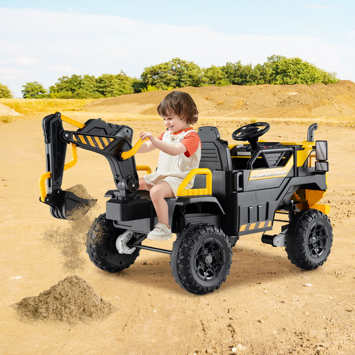 The construction vehicle being used by a child to dig in a sandy outdoor play area