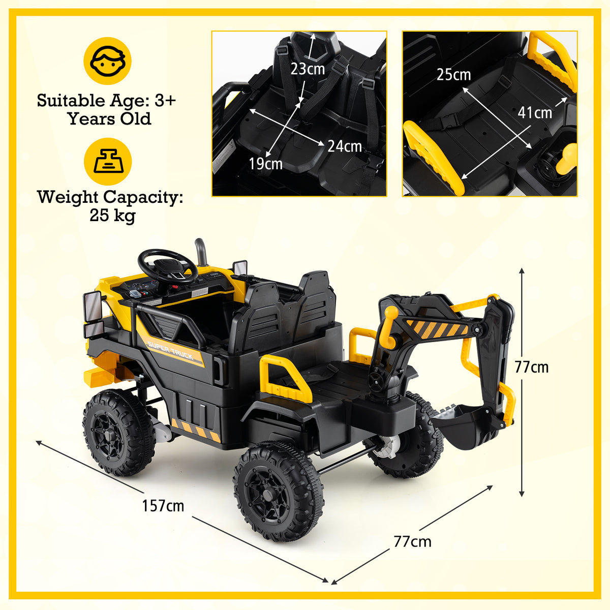 The construction vehicle shown with detailed dimension labels and seat measurements