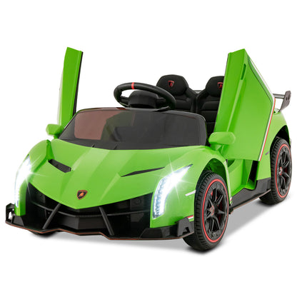 The green kids electric sports car with its doors open, showing the two seats and steering wheel