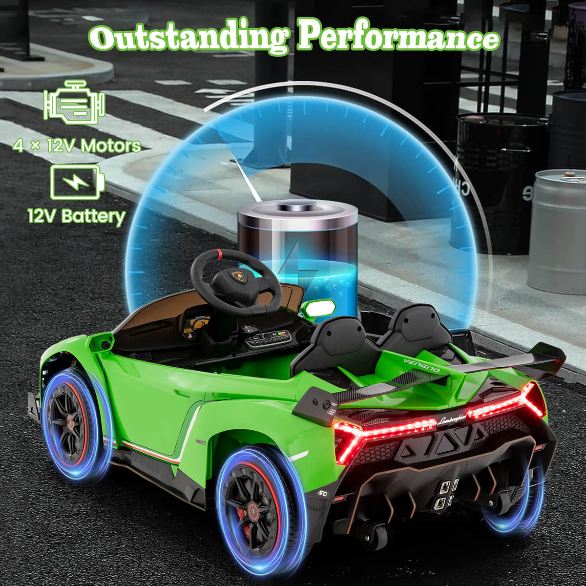 The green kids electric car with illuminated taillights and wheels, showing its rear three-quarter view