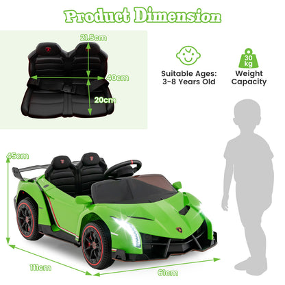 Size diagram showing the dimensions and weight capacity of the green kids electric sports car