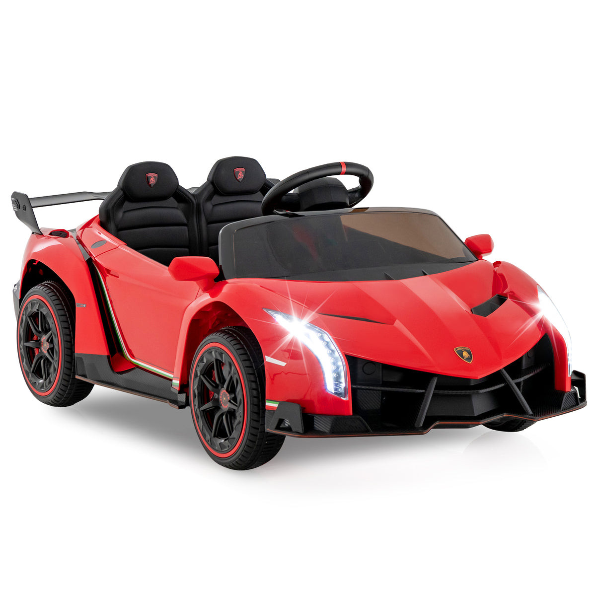 4WD Kids Ride On Sports Car Lamborghini with Taillights in red, front three quarter view