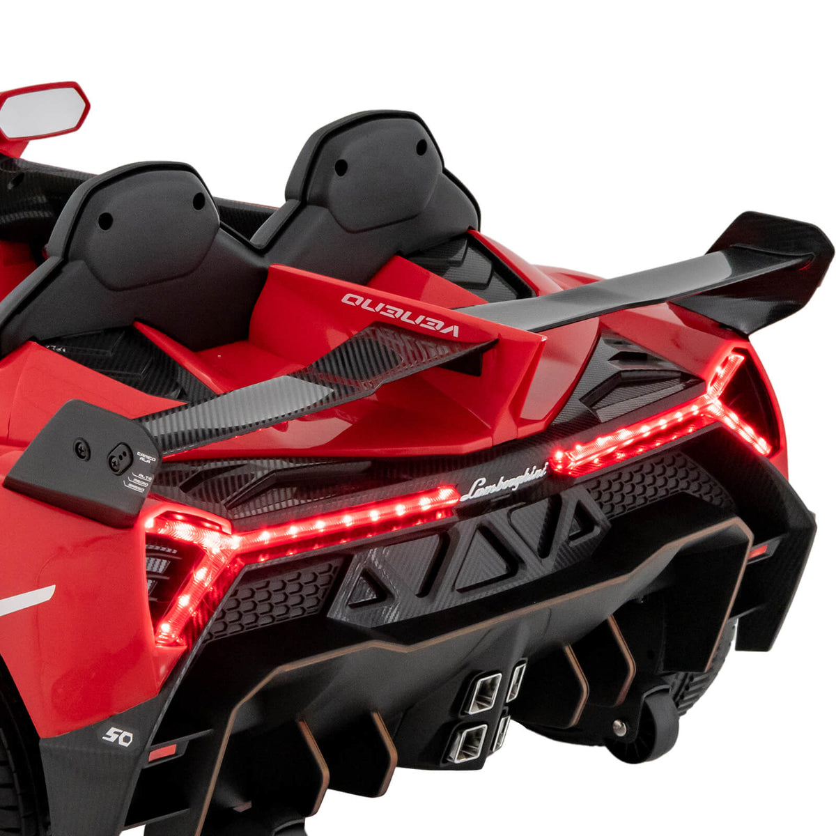 Rear view of the red kids electric sports car showing taillights and spoiler