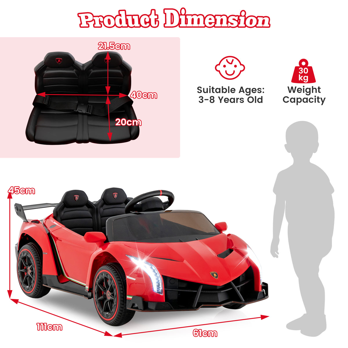 4WD Kids Ride On Sports Car Lamborghini with Taillights in Red