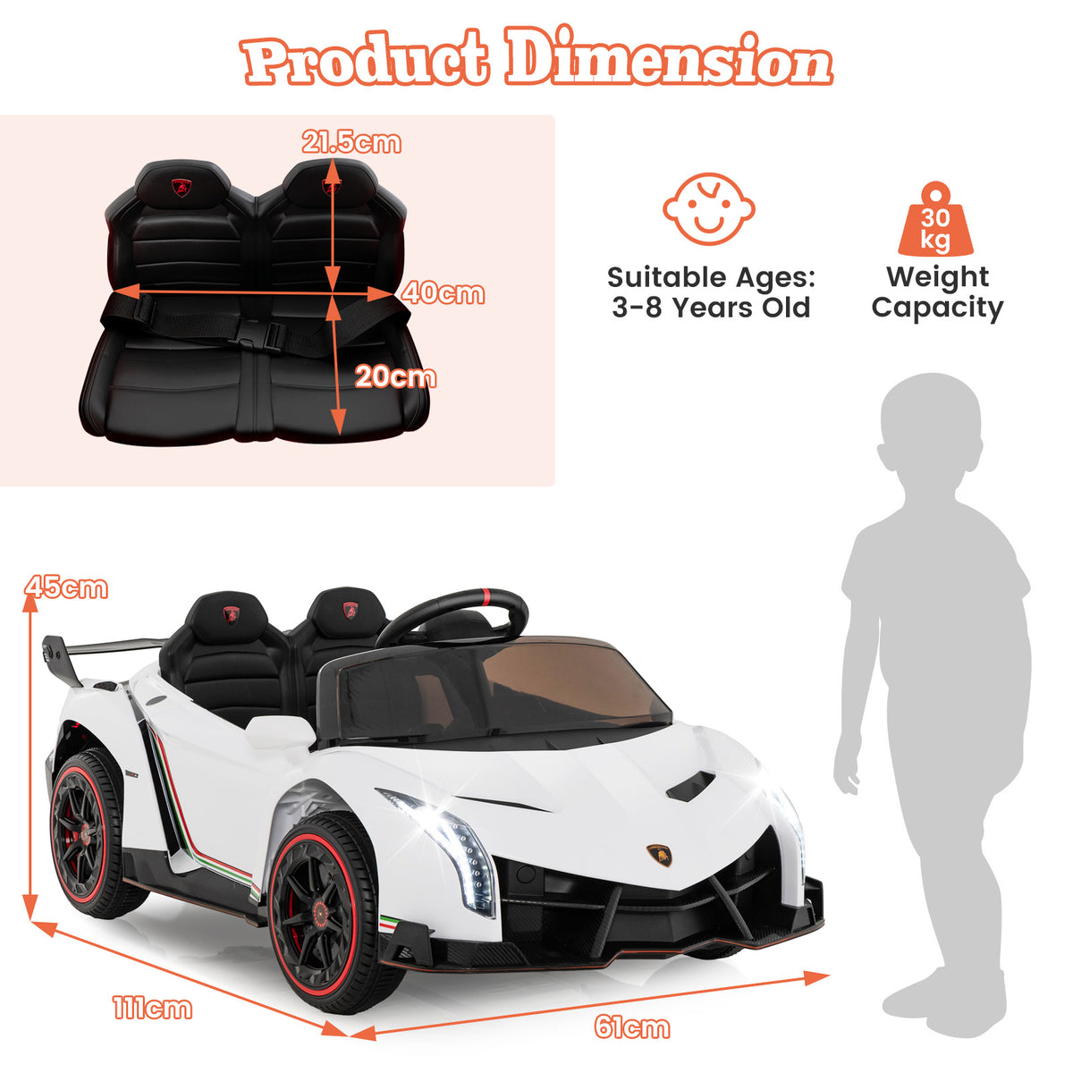 4WD Kids Ride On Sports Car Lamborghini with Taillights in White