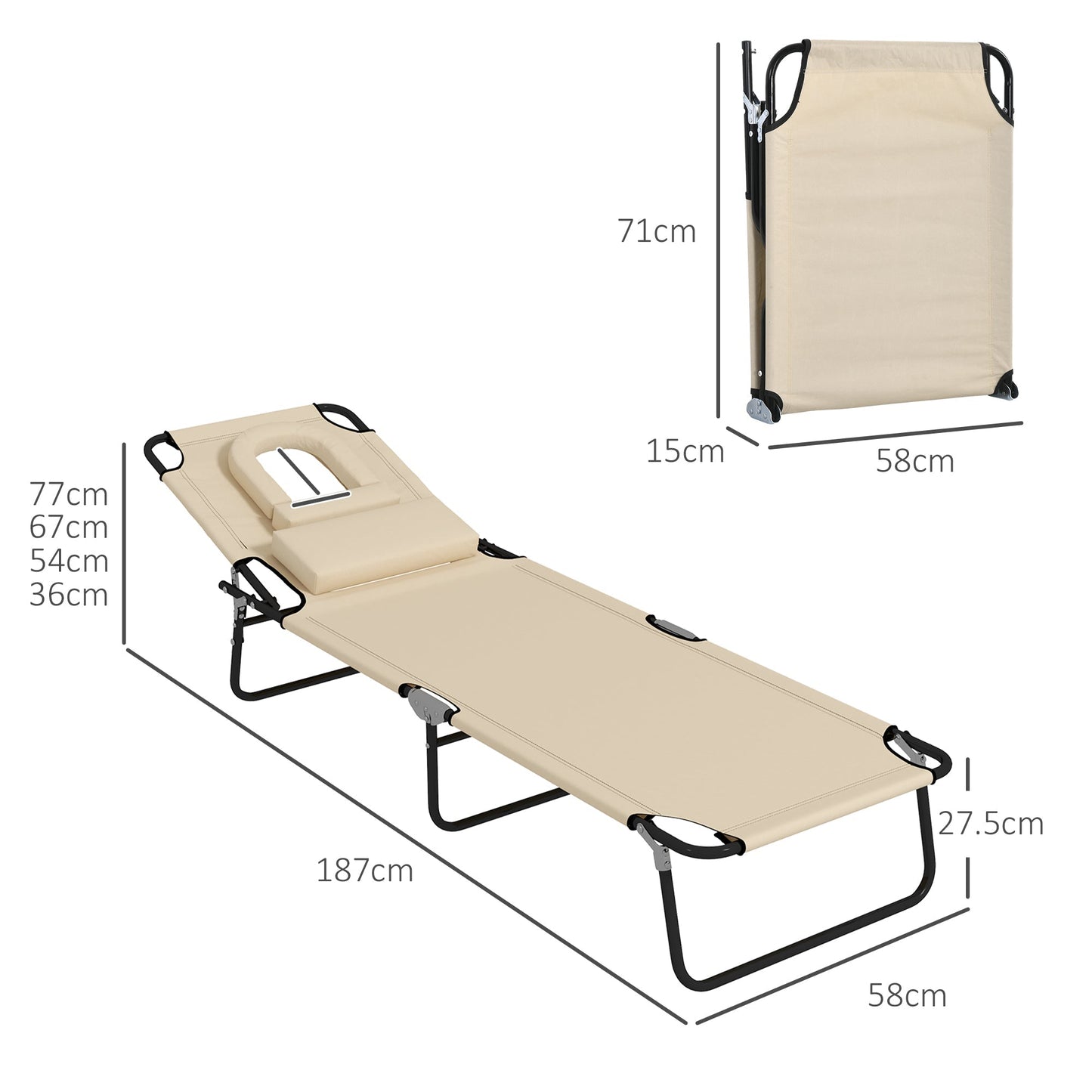 Outsunny Outdoor Folding Sun Lounger Set of 2 with Face Hole, 4 Level Adjustable Backrest Reclining Garden Lounger, Garden Recliner Sunbed with 600 D Oxford Cloth Seat and Pillow for Beach, Sand