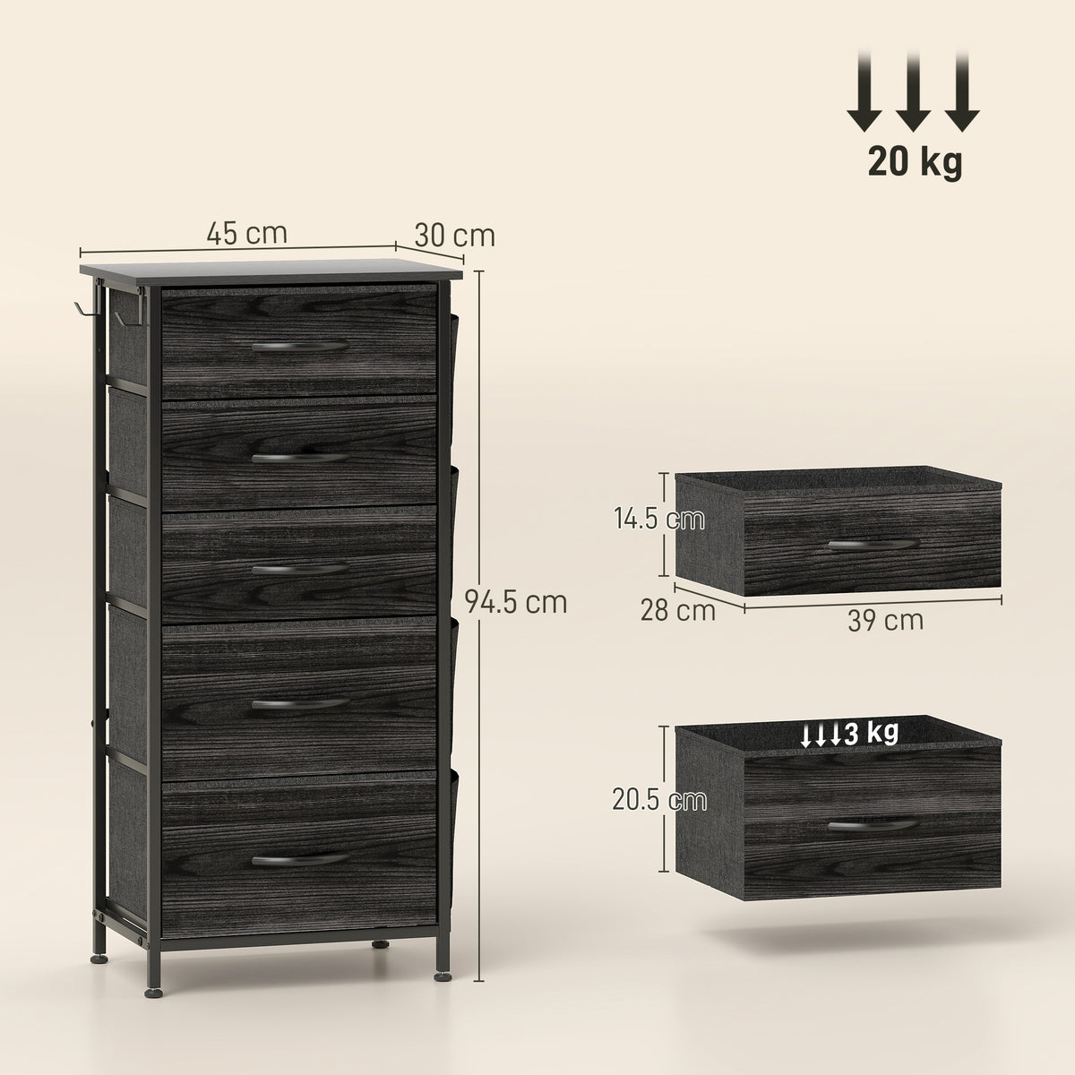 HOMCOM Chest of Five Fabric Drawers in Black