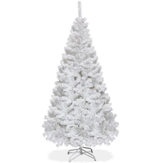 5/6/7/8 Feet White Artificial Christmas Tree standing on a metal base against a plain white background