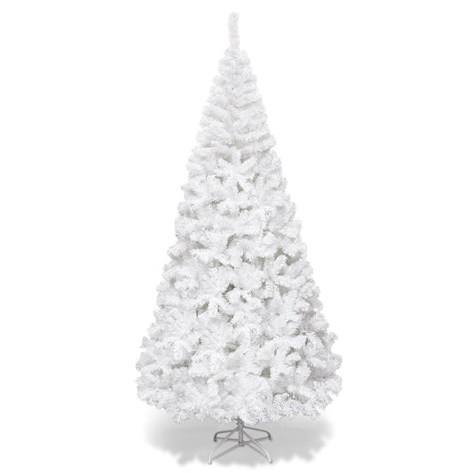 5/6/7/8 Feet White Artificial Christmas Tree with Metal Stand-7 ft, a full white artificial Christmas tree on a metal stand