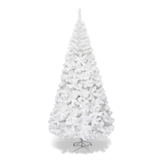 5/6/7/8 Feet White Artificial Christmas Tree with Metal Stand-8 ft, a full white artificial Christmas tree on a metal stand
