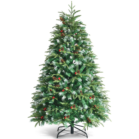 5/6 Feet Artificial Christmas Tree with LED Lights and Tips, a full green tree with frosted tips and red berries