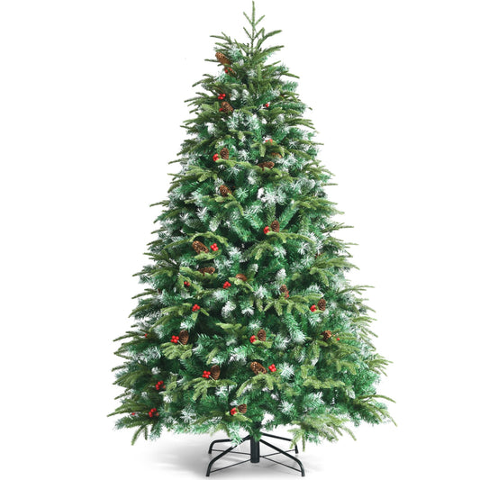5/6 Feet Artificial Christmas Tree with snow effect, pine cones and red berries on a metal stand