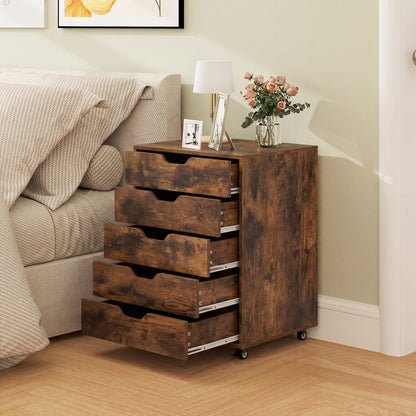 5 Drawer Chest with Lockable Wheels for Home Office-Brown