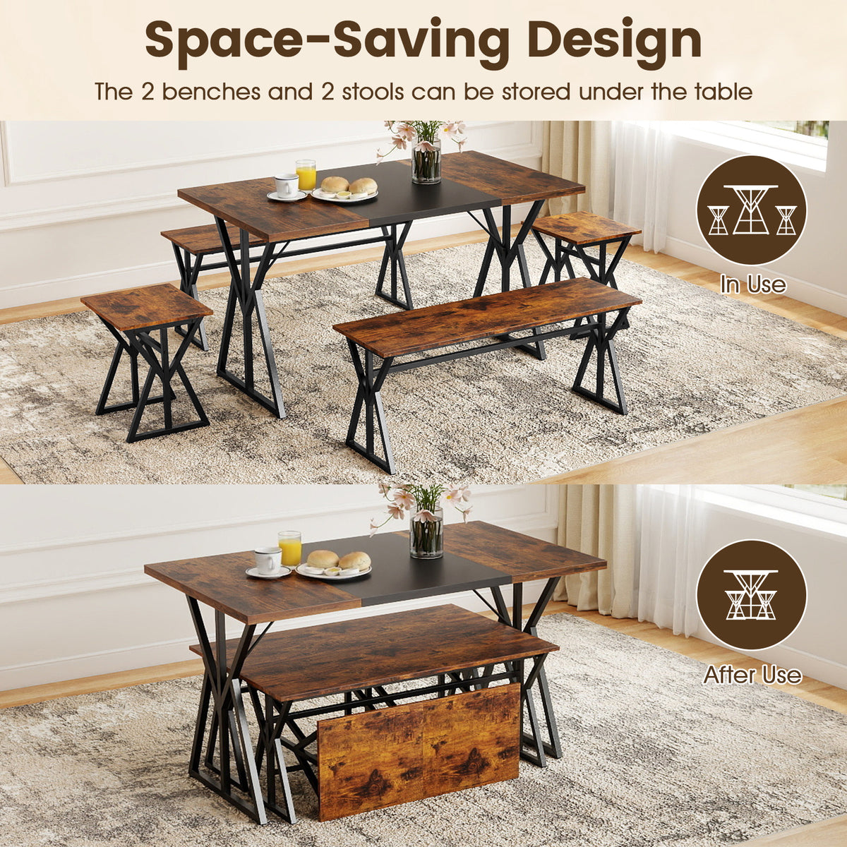 5-Piece Dining Room Set for 4-6 People Industrial Rectangular Kitchen Table with 2 Benches and 2 Stools-Rustic Brown