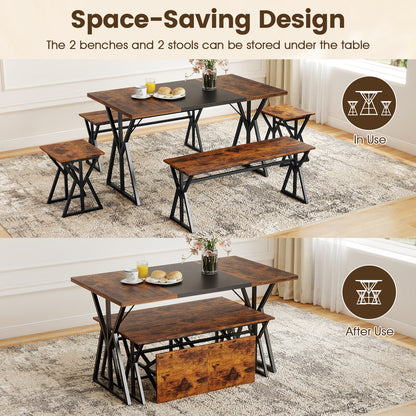 5-Piece Dining Room Set for 4-6 People Industrial Rectangular Kitchen Table with 2 Benches and 2 Stools-Rustic Brown