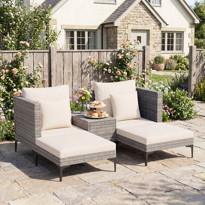 5-Piece Patio Conversation Set with 2 Armchairs 2 Ottomans and Side Table-Beige