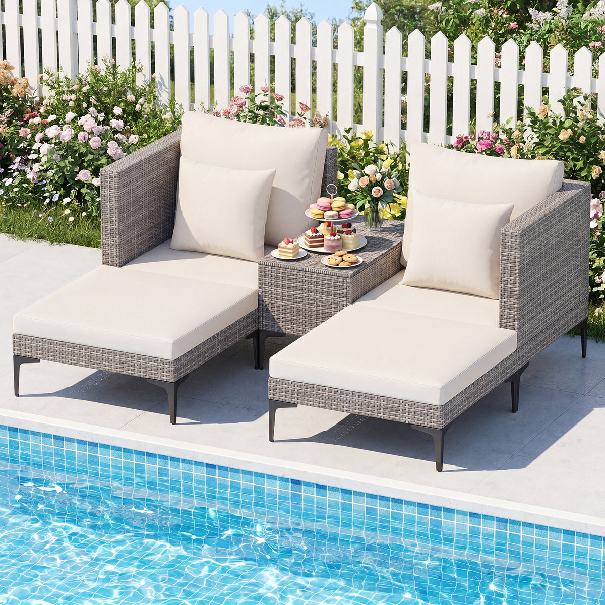 5-Piece Patio Conversation Set with 2 Armchairs 2 Ottomans and Side Table-Beige