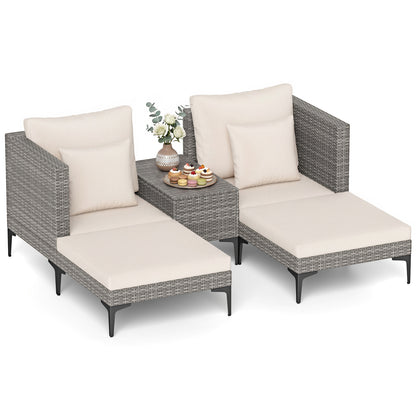 5-Piece Patio Conversation Set with 2 Armchairs 2 Ottomans and Side Table-Beige