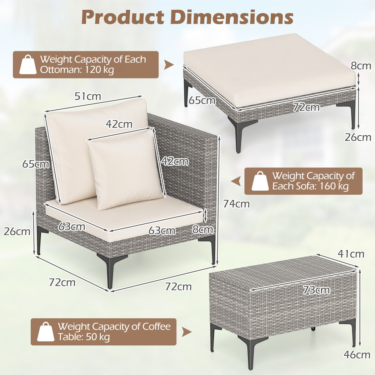 5-Piece Patio Conversation Set with 2 Armchairs 2 Ottomans and Side Table-Beige